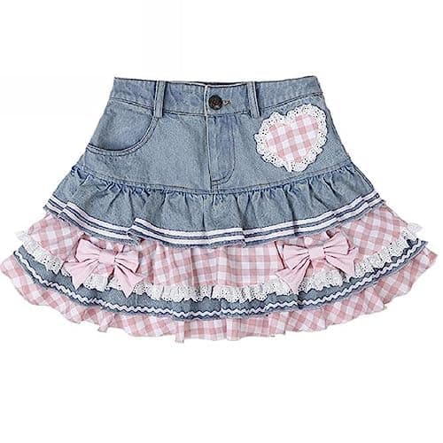 Preppy Lolita Kawaii Skirts Sweet Mini Women Cute Ball Gown Denim Skirt Y2K High Waist Lace Cake Skirts thumbnail 4
