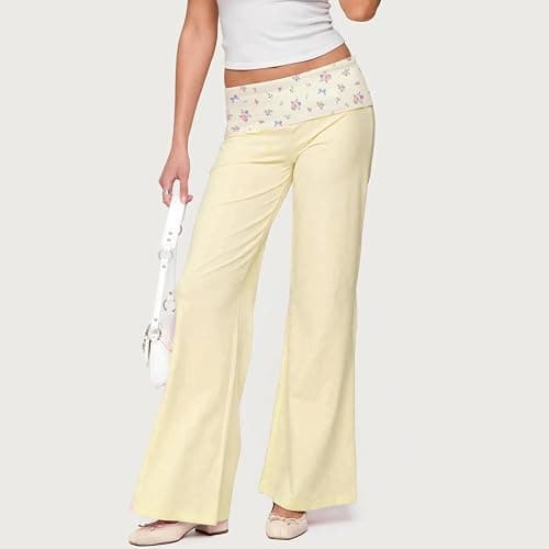 MYBFYABO Fold Over Yoga Pants for Women Contrast Color Low Rise Wide Leg Sweatpants Y2k Foldover Lounge Bell Bottoms 2026 thumbnail 2