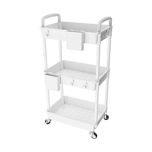 3 Tier Rolling Utility Cart with Handle,REBECAT Utility Cart Made of Multifunctional Storage Organizer Tool for Kitchen,Bathroom,Living Room,Office(White) - Image 1