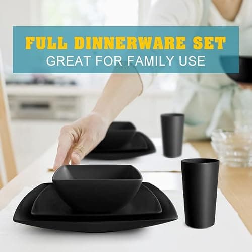 Teivio 16-piece Plastic Wheat Straw Square Dinnerware Set for 4, Unbreakable Dinner Plates, Salad Plates, Snack Bowls, Tumblers 13.5 oz, Dishwasher Safe, Black Matte - Matte Black thumbnail 6