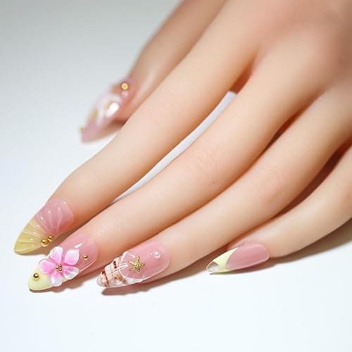 10 Pcs Handmade Reusable Press-On Nails - 3D Starfish, Flower & Gold Accents, Pastel Pink Almond Shape, Gradient Yellow-Pink Base | For Women & Girls, Daily & Party Use(StarfishA17, M) thumbnail 3