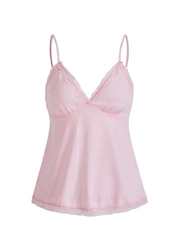 GORGLITTER Damen Spaghettiträger Top Cami Tops V-Ausschnitt Oberteil Stretch Trägershirts mit Kontrast Spitzen - Image 1