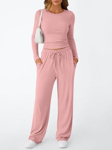 Trendy Queen Women's 2 Piece Matching Lounge Set Long Sleeve Slightly Crop Top Wide Leg Pants Casual Sweatsuit thumbnail 2