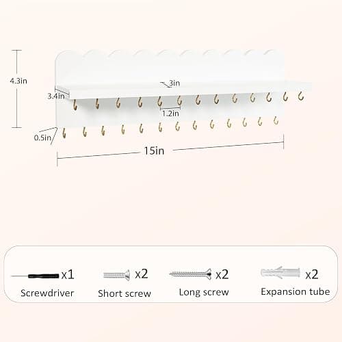 Lampaggio Wall Mount Jewelry Organizer with 26 Hooks and Cosmetics Shelf, Modern Wood Hanging Jewelry Holder for Necklaces, Bracelets, Earrings and Rings, White thumbnail 3