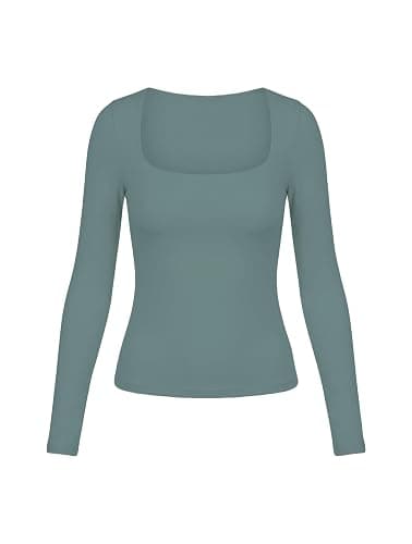 Danysu Double Lined Long Sleeve Tops with Built in Bra for Women Square Neck Basic Slim Crop Fall T-Shirts thumbnail 7