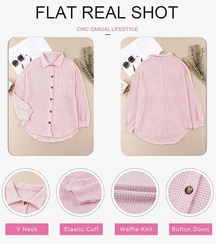 Dokotoo Womens Waffle Knit Shacket Jacket Casual Long Sleeve Button Down Shirts Dressy Blouses Tops thumbnail 3