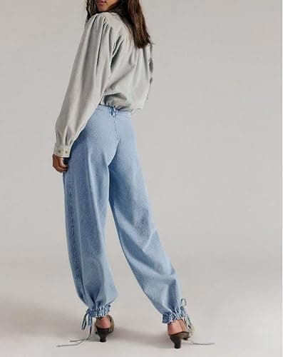 yoeasy Women's Lotus Balloon Jeans Baggy Wide Leg Loose Denim Pants | Drawstring Ankle Denim Pants, Front Pockets, Drawstring Hems, Boyfriend Jeans, Elastic Waisted, Casual Trendy Streetwear thumbnail 5
