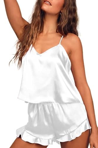 Ekouaer Silk Women Pajamas Set Satin Ruffle Pyjamas for Women V Neck Ladies Pjs 2 Piece Sleepwear Camisole Lingerie Sexy Cami and Shorts Nightwear, S-2XL - Image 1