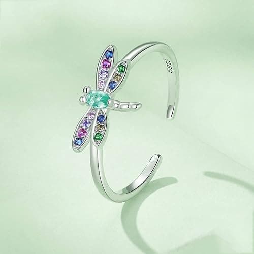 Cute Dragonfly Adjustable Ring 925 Sterling Silver Colorful Cubic Zirconia Stackable Open Finger Band Rings Promise Statement Daughter Birthday Valentine's Day Jewelry Gifts for Women Girlfriend thumbnail 4