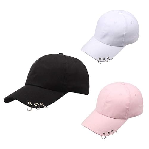 niumanery Unisex Korean Harajuku Baseball Cap with Metal Rings Hip Hop Adjustable Dad Hat Black - black thumbnail 4