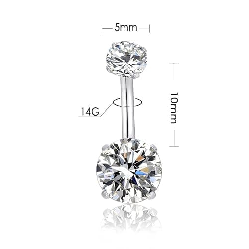 HQLA 14G Belly Button Rings Surgical Stainless Steel Round Cubic Zirconia Navel Barbell Stud Body Piercing thumbnail 2