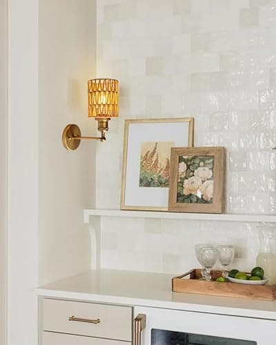 Yosoan Rattan Boho Wrapped Wall Sconce Light, Indoor Hardwired Hand-Woven Farmhouse Vintage Wall Lamps, Brass Handmade Braided Rope Small Straight Shade Wall Mount Fixture for Reading Hallway(Antique) - Antique thumbnail 3