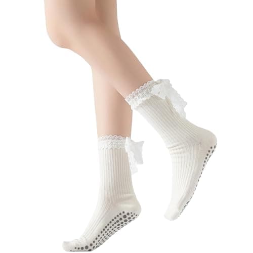 Verdancy Women’s Yoga Pilates Socks with Frills and Lace up Non Slip Cushioned Grips Crew Socks - Image 1