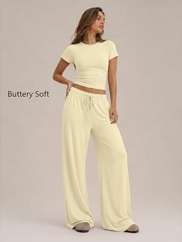 Trendy Queen Women's 2 Piece Matching Summer Lounge Set with Pockets | Vacation Airport Travel Outfits, Workout Gym Clothing Comfy Athleisure Clothes, Side-ruched Top, Drawstring Wide Leg Pants thumbnail 2