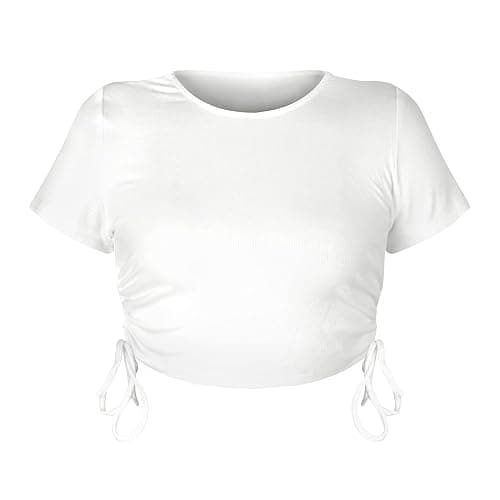 Kirozanny Women's Round Neck Short Sleeve Drawstring Side Slim Fit Stretchy Crop Tops thumbnail 5