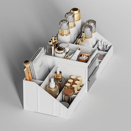 Makeup Organiser,2 In 1 Large Capacity Cosmetic Organiser With 2 Drawers And 16 Compartment, Suitable For Bathroom Bedroom Dressing Table-White/Clear thumbnail 3