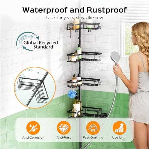 HAMITOR Shower Caddy Tension Pole: 4-Tier Corner Rustproof Bathroom Organizer with Soap Holder & Hooks - No-Drill Adjustable Shower Shelf for Renters - Family Stand Storage Rack - 47-123 Inch Black thumbnail 2