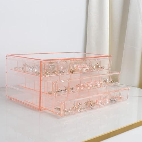 YUFONG Earring Storage Box Organizer 3 Drawers Acrylic Jewelry Storage Box Holder Transparent Jewelry Display Stand with 72 Small Compartments Gift for Women Girls (Clear Pink) thumbnail 4