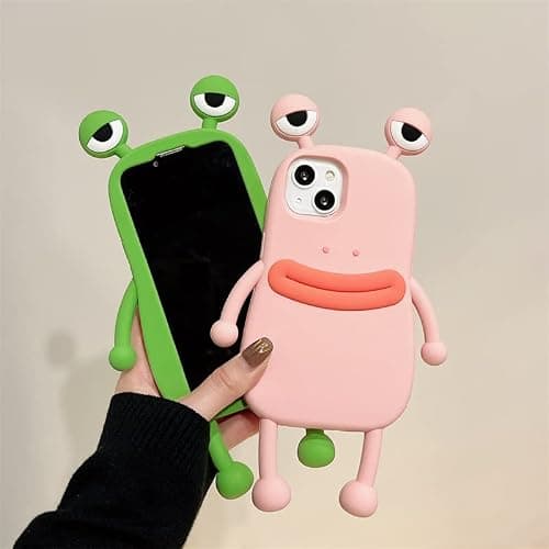 BONICI Men Women Super Funny Novelty Hotdog Sausage Mouth Big Eyes Green Frog Pink Frog Phone Case Soft TPU Silicone Rubber Phone Cover Compatible with iPhone 15, Full Body Protection -Pink thumbnail 5