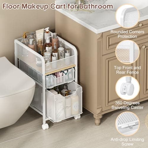 Hongtamoya Rolling Makeup Cart Organizer with 2 Drawers, Narrow Floor Skincare Organizers, Vanity Organizer Cosmetics Display Cases Holder for Skin Care Nail Polish Perfume Makeup Brush, White thumbnail 5