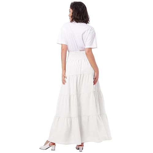 IWEMEK Women Boho Elastic Waist A Line Ruffle Beach Convertible Maxi Skirt Dress Tired Pleated Drawstring Chiffon Long Skirts thumbnail 5