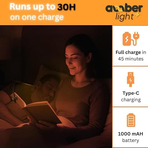 Amber Light + Giftable Amber Book Light - Blue Light Blocking - Night Reading Booklight Store. Rechargeable. 1600K for Reading in Bed at Night. Perfect as a Giftable Kindle Light and LED Book Light. thumbnail 5