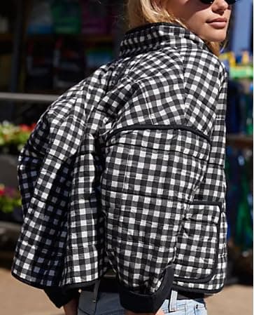 VAOYIU Women's Loose Retro Striped Quilted Jacket Stand Collar Cropped Puffer Outerwear Vintage Coat with Contrast Trim thumbnail 2