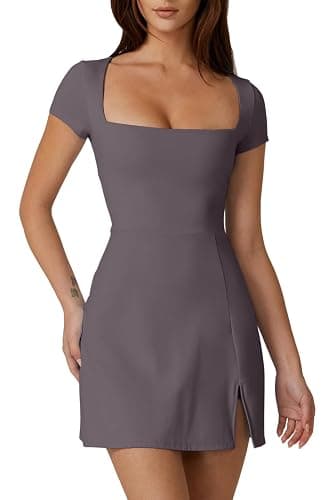 QINSEN Womens Square Neck Tennis Dress Short Sleeve Built in Shorts Golf Athletic Dress with Pockets thumbnail 5