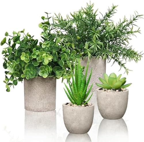 Artificial Plants Indoors in Pots, 4 Set Small Fake Plants, Plastic Eucalyptus, Rosemary, Mini Succulents Faux Plant for Office Desk Decor, Bedroom, Bathroom, Kitchen, Home Decoration. - Image 1