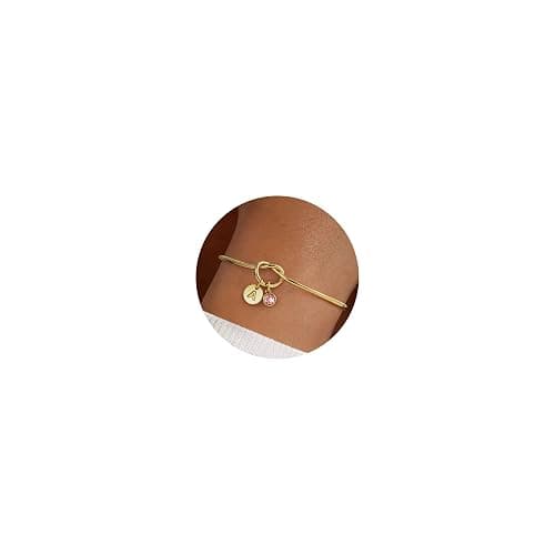 Turandoss Christmas Gifts for Grandkids, Dainty 14K Gold Plated 12 Months Disc Initial Birthstone Heart Knot Bangle Bracelet Birthday Bridesmaid Bracelet Jewelry for Women Girls - Image 1