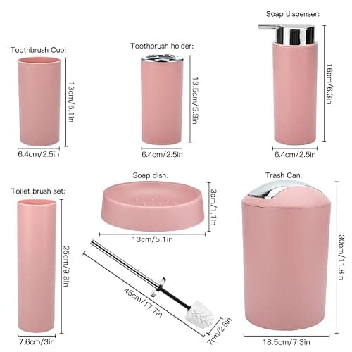 Otostar Bathroom Accessory Set Plastic Bathroom Accessories Set with Soap Dispenser Toothbrush Holder Qtip Holder Tumbler Soap Dish Toilet Brush Holder Trash Can Housewarming Gifts Bath Set (Pink) thumbnail 8