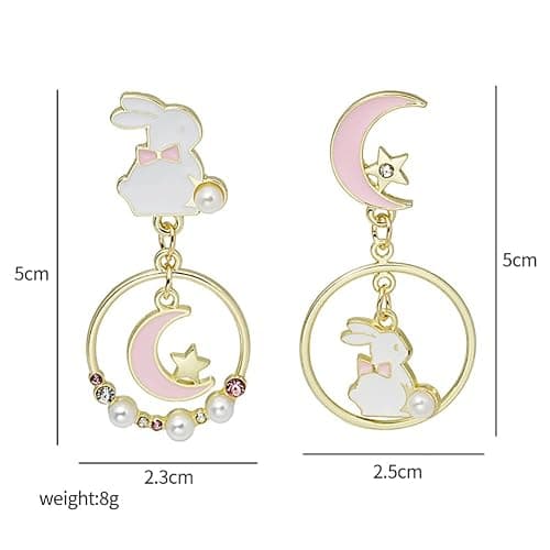 Asymmetric Rabbit Star Moon Earrings,Cute Bunny Pearl Crystal Drop Earring for Women Party Jewelry Gifts thumbnail 4