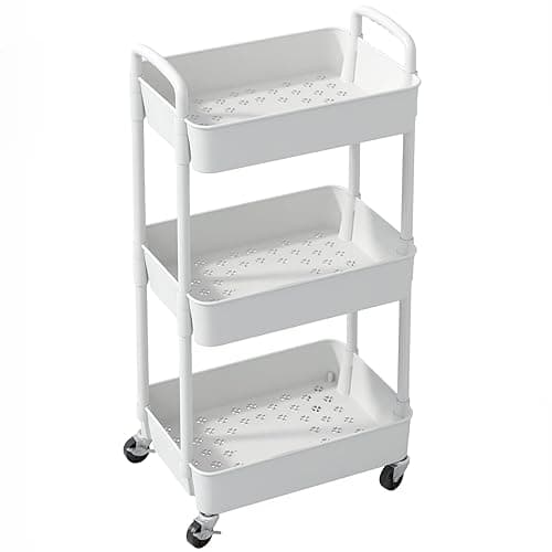 Sywhitta 3-Tier Plastic Rolling Utility Cart with Handle, Multi-Functional Storage Trolley for Office, Living Room, Kitchen, Movable Storage Organizer with Wheels, White thumbnail 9