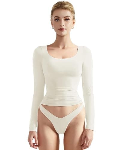 SUUKSESS Women Double Lined Fitted Basic T Shirts Scoop Neck Long Sleeve Crop Top - Image 1