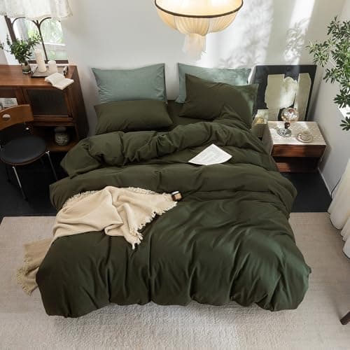 FOSSA Duvet Cover Set 100% Washed Cotton Linen Feel Super Soft Breathable Cozy 3 Pieces Bedding Sets Solid Olive Green Full/Double thumbnail 4