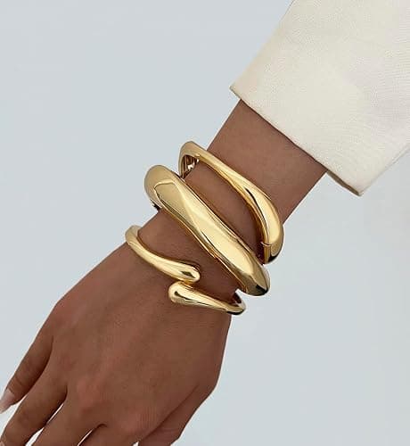 Chunky Gold Bangle Bracelets for Women, Dainty 14k Gold Plated Big Stackable Bangles Set, Trendy Statement Cuff Bracelet Stack Fashion Jewelry Gifts thumbnail 6