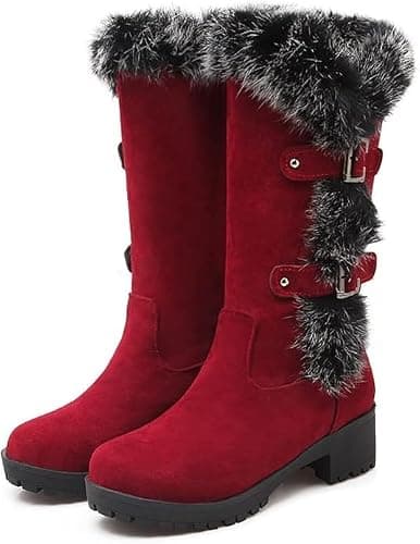 Women's Suede Mid-Calf Snow Boots Warm Womens Boots Fleece Furry Leather Non-slip Snow Fur Lined Insulated Boot - Image 1