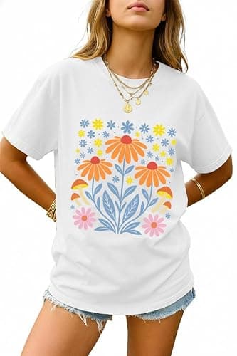 Women Oversized Graphic T Shirts Floral Tees Cute Tops for Teens Y2K | Crew Neck, Short Sleeve, Durable Graphic Print, Aesthetic Vintage Preppy Clothes, Summer Loose Beach Tops thumbnail 4