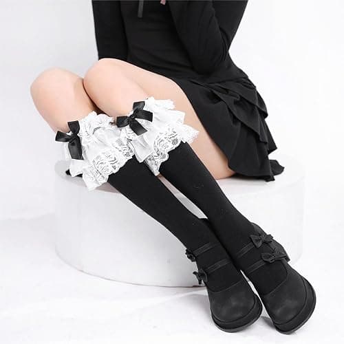 woosnscly Womens Lace Ruffle Knee High Socks Cute Bow Lolita Knee Highs Stockings Halloween Party Costume Long Socks, Cotton thumbnail 3