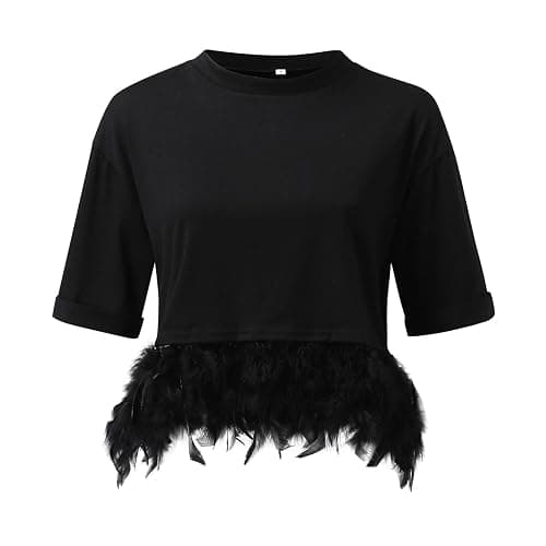 Trendy Feather Hem T Shirts for Women 2025 Cropped Running Cute Loose Fit Tops Summer Feather Trim Tshirt Casual Crop thumbnail 7