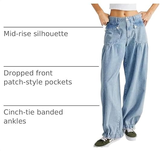 yoeasy Women's Lotus Balloon Jeans Baggy Wide Leg Loose Denim Pants | Drawstring Ankle Denim Pants, Front Pockets, Drawstring Hems, Boyfriend Jeans, Elastic Waisted, Casual Trendy Streetwear thumbnail 4