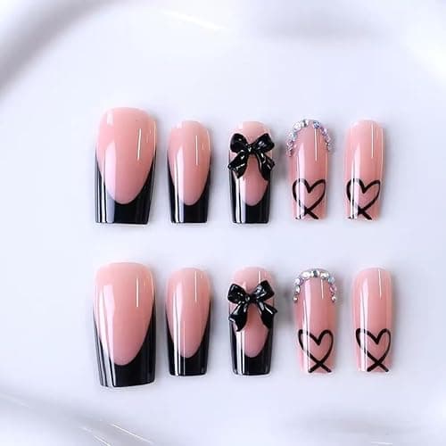 CTTHNBD Medium Press on Nails Coffin - Black French Tip Fake Nails with Bow Charms Design - Heart False Nails Press ons - for Women 24 Pcs thumbnail 4