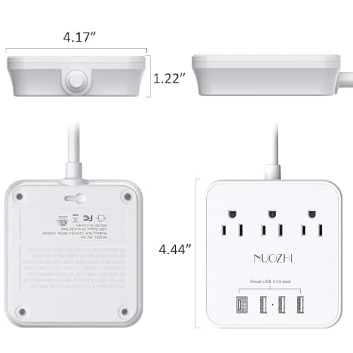 Cruise Essentials, NUOZHI 6 Ft Power Strip with 3 Outlets and 4 USB Ports(1 USB C), Non Surge Protector for Cruise Ship, Travel, Home Office, ETL Listed, White thumbnail 7