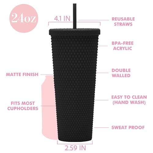 Essasea 24oz Fully Studded Tumbler.Matte Black Studded Tumbler with Lid and Straw.Reusable Double Walled Insulated Travel Tumbler.Plastic Acrylic Pastel Colored Tumbler Cup for Iced Coffee Smoothie. thumbnail 3