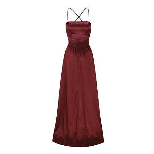 Robe de bal élégante 2025 pour femme - Longue robe de soirée dos nu - En satin - Bretelles spaghetti - Fente latérale - Robe de mariage avec poches thumbnail 3