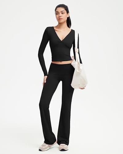 SUUKSESS Women 2 pieces Lounge Sets Long Sleeve V Neck Tops Fold Over Flare Leggings thumbnail 5