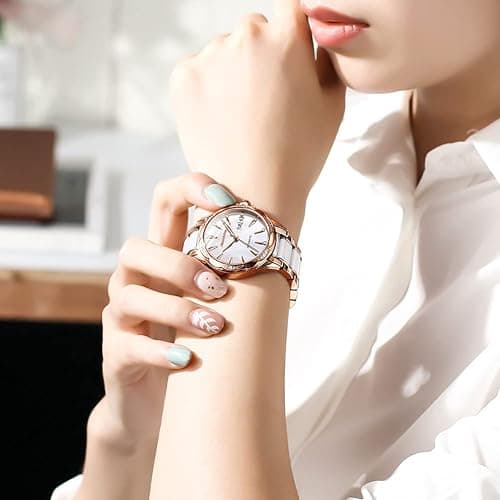 Womens Watch Automatic White Face Ladies Watch Mechanical Waterproof Self-Winding Wrist Watch Rose Gold Pearl Shell Dial Watches Day Date Woman Watches Ceramic Stainless Steel Diamond Watch for Ladies thumbnail 2