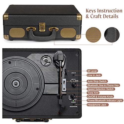 Record Player 3-Speed Bluetooth Suitcase Portable Belt-Driven Vinyl Record Player with Built-in Speakers RCA Line Out AUX in Headphone Jack Vintage Turntable Black thumbnail 4