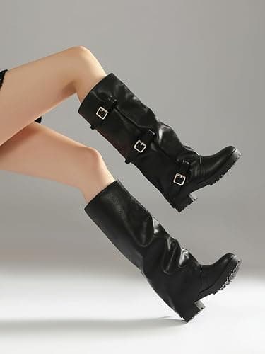 Kekonaca Fold Over Boot Combat Platform Buckle Low Heel | Slouchy Knee High Vintage Boots Grunge Alt Punk Gothic Moto Biker Boot Casual Club Festival Rave Going Out Wide Calf Boots thumbnail 7