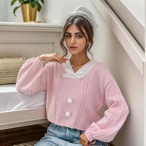 FindThy Women's Y2K Pullover Sweater Sweet Lantern Sleeve Bowtie Knit Crop Jumper Tops thumbnail 3